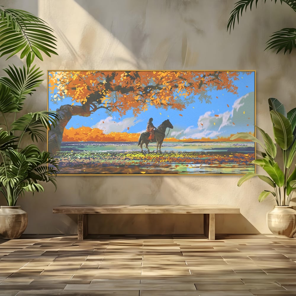 Tablou Canvas Premium LuxCanva® A1270, Girl With Horse, Cal, Copac, Frunze, Fata, Dormitor, Culori Vibrante