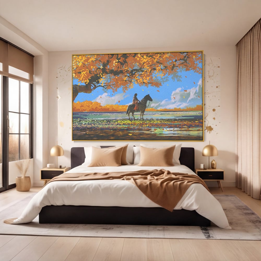 Tablou Canvas Premium LuxCanva® A1270, Girl With Horse, Cal, Copac, Frunze, Fata, Dormitor, Culori Vibrante