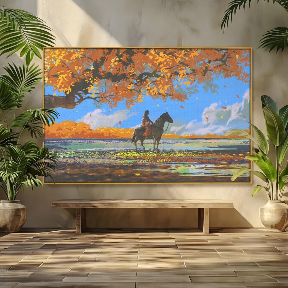 Tablou Canvas Premium LuxCanva® A1270, Girl With Horse, Cal, Copac, Frunze, Fata, Dormitor, Culori Vibrante