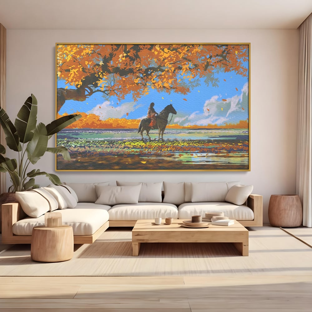 Tablou Canvas Premium LuxCanva® A1270, Girl With Horse, Cal, Copac, Frunze, Fata, Dormitor, Culori Vibrante