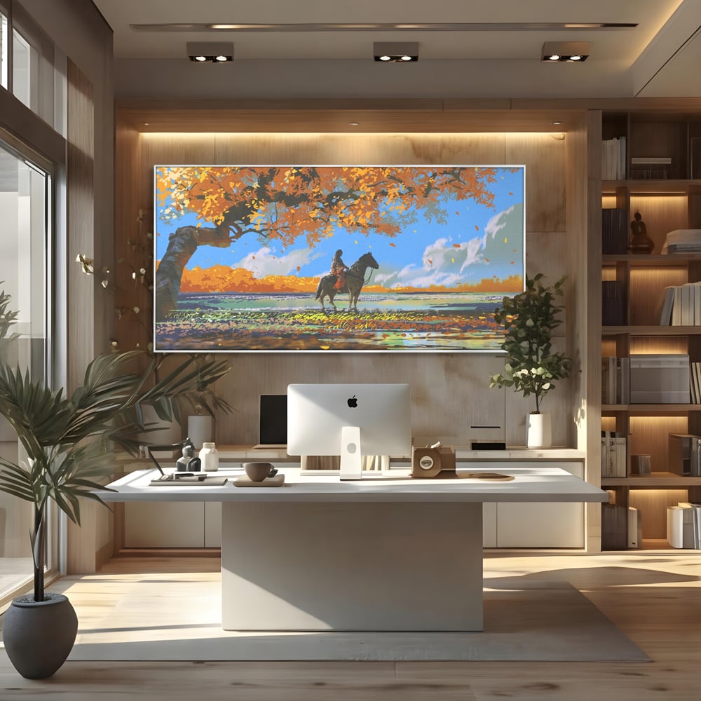 Tablou Canvas Premium LuxCanva® A1270, Girl With Horse, Cal, Copac, Frunze, Fata, Dormitor, Culori Vibrante