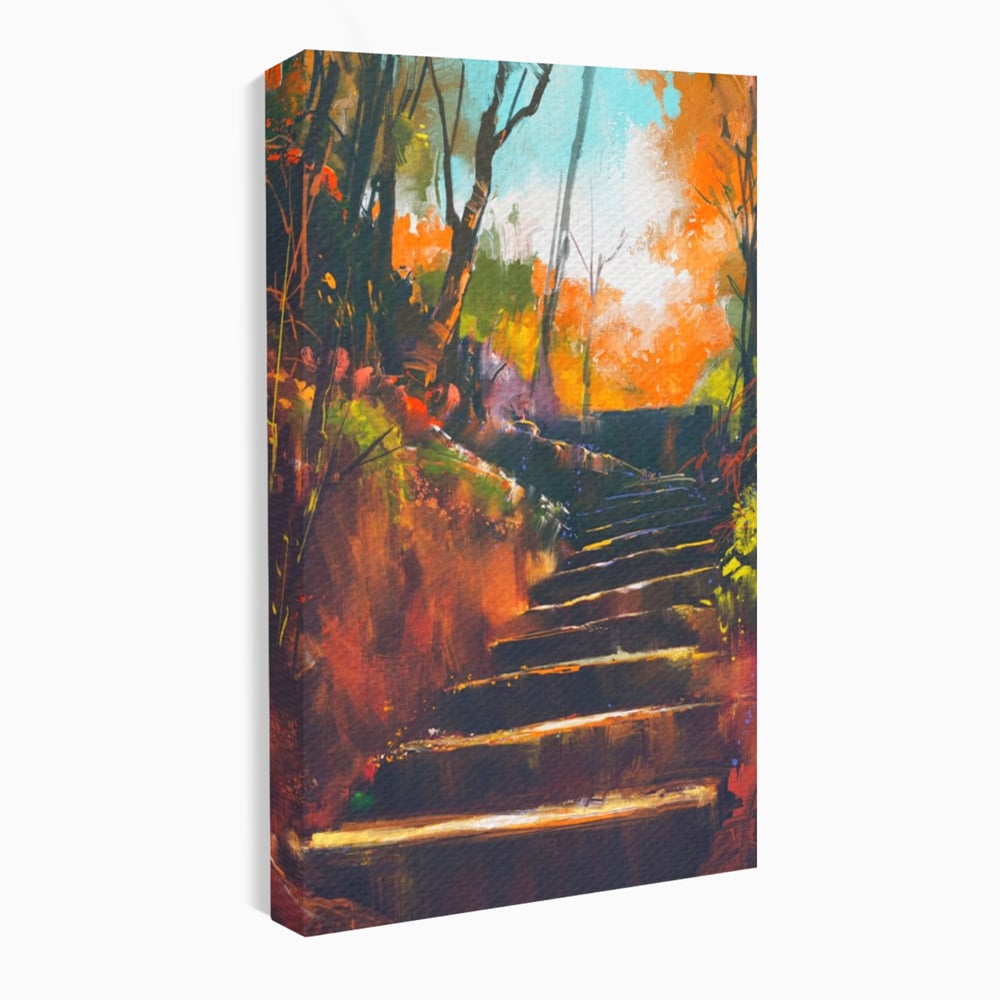 Tablou Canvas Premium LuxCanva® A1271, Brown Stairs, Scari, Toamna, Copaci, Frunze, Dormitor, Culori Vibrante