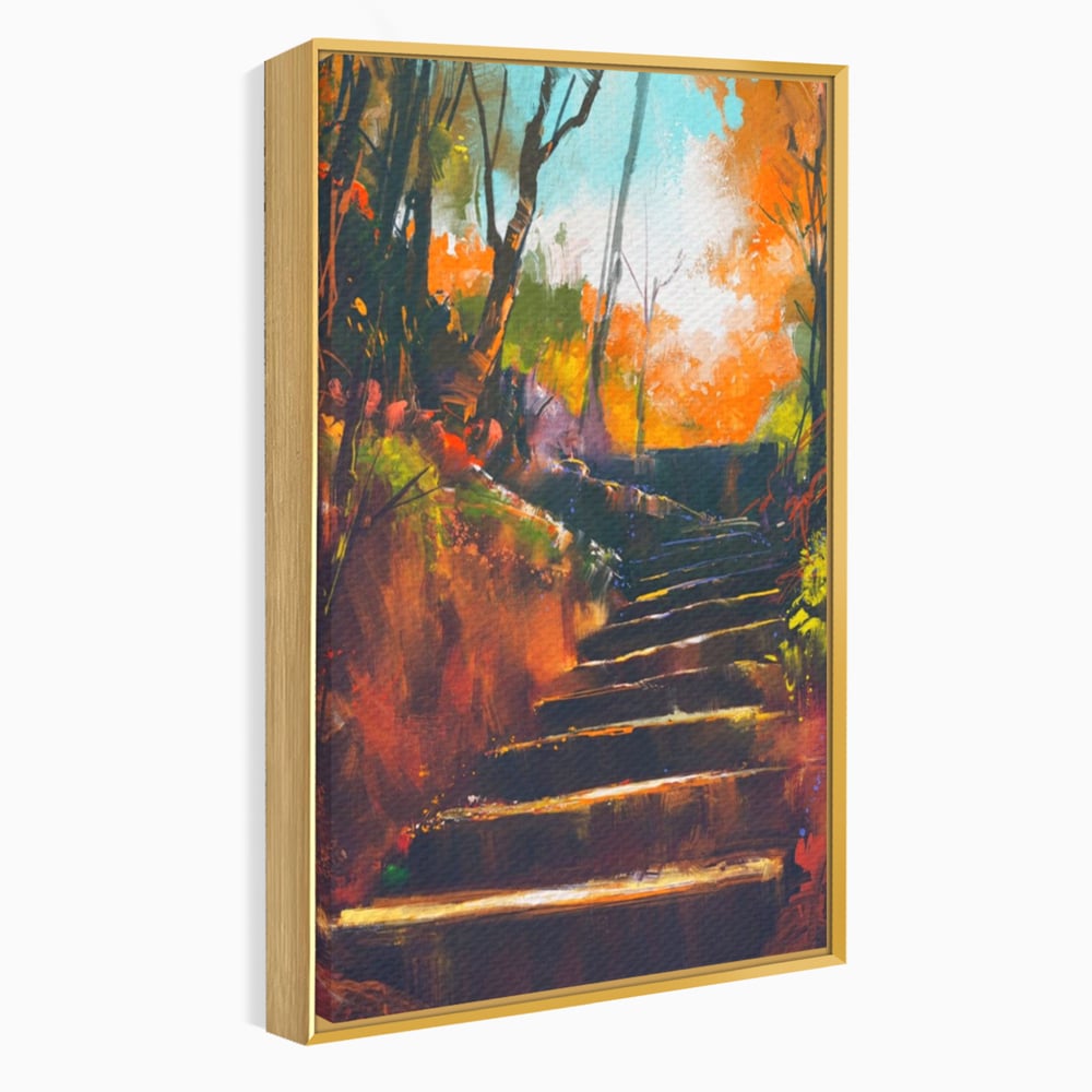 Tablou Canvas Premium LuxCanva® A1271, Brown Stairs, Scari, Toamna, Copaci, Frunze, Dormitor, Culori Vibrante