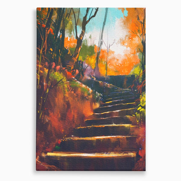 Tablou Canvas Premium LuxCanva® A1271, Brown Stairs, Scari, Toamna, Copaci, Frunze, Dormitor, Culori Vibrante