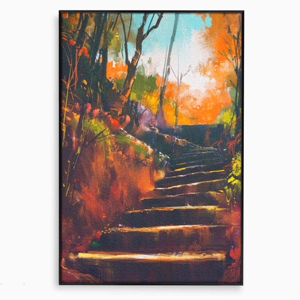 Tablou Canvas Premium LuxCanva® A1271, Brown Stairs, Scari, Toamna, Copaci, Frunze, Dormitor, Culori Vibrante