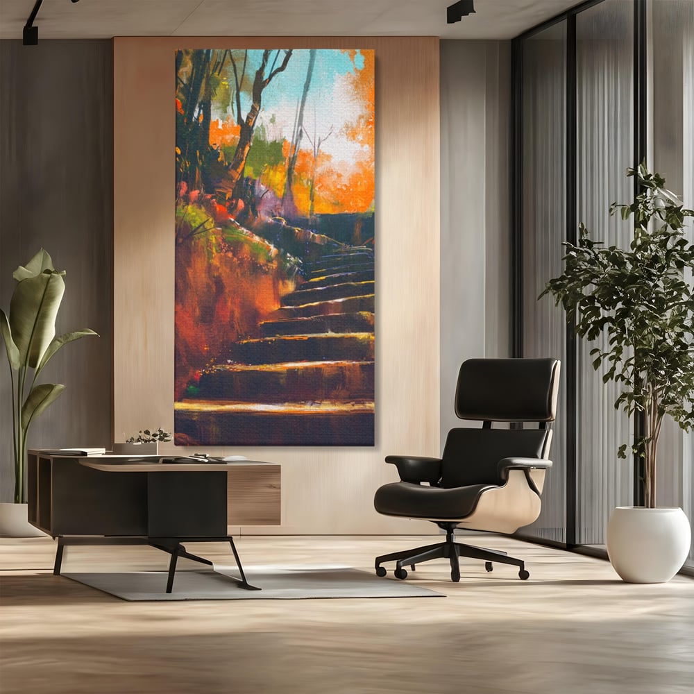 Tablou Canvas Premium LuxCanva® A1271, Brown Stairs, Scari, Toamna, Copaci, Frunze, Dormitor, Culori Vibrante