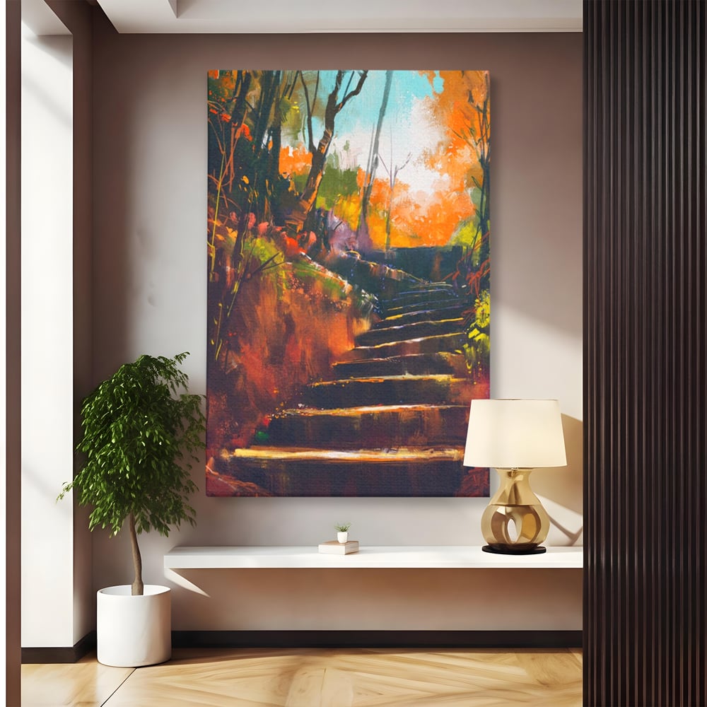 Tablou Canvas Premium LuxCanva® A1271, Brown Stairs, Scari, Toamna, Copaci, Frunze, Dormitor, Culori Vibrante