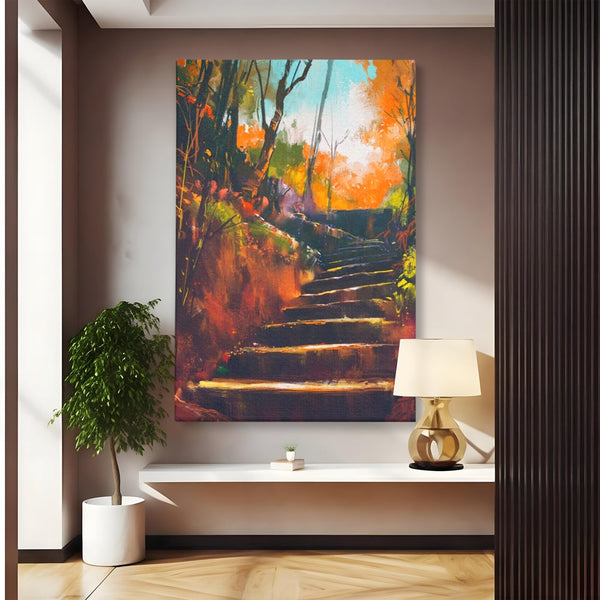 Tablou Canvas Premium LuxCanva® A1271, Brown Stairs, Scari, Toamna, Copaci, Frunze, Dormitor, Culori Vibrante