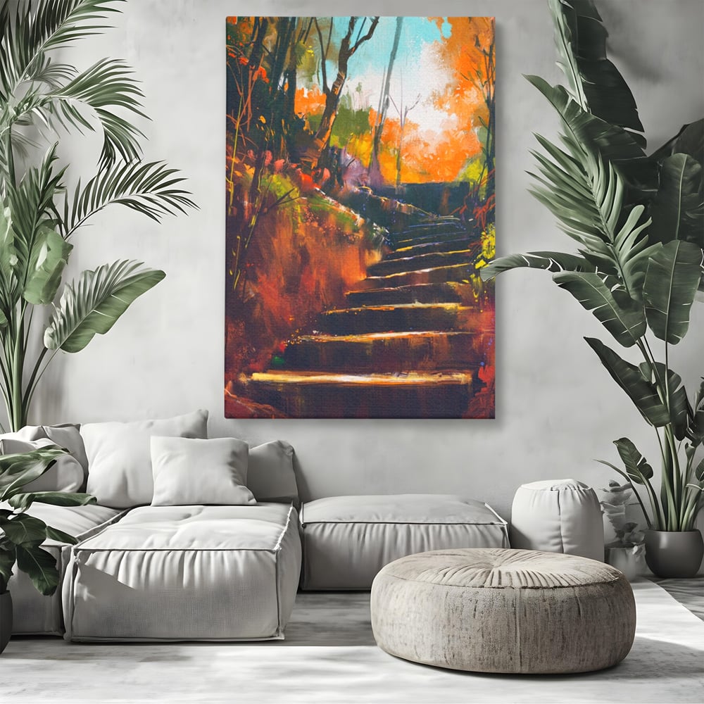 Tablou Canvas Premium LuxCanva® A1271, Brown Stairs, Scari, Toamna, Copaci, Frunze, Dormitor, Culori Vibrante