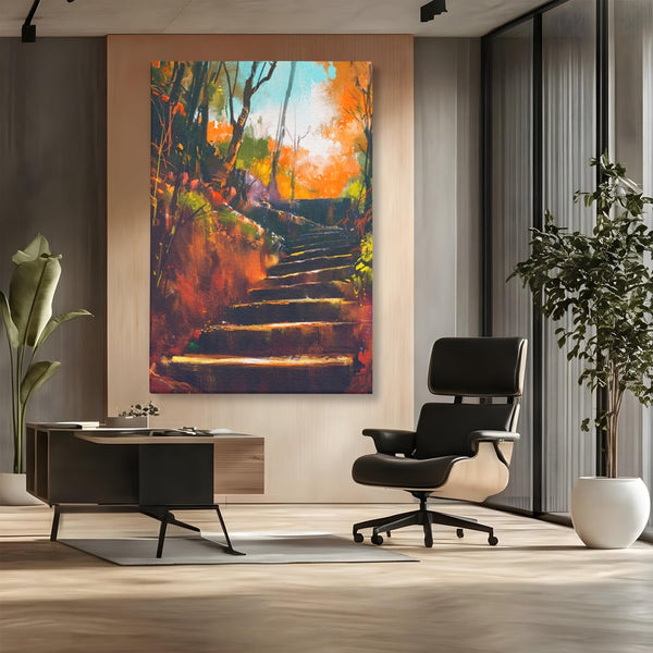 Tablou Canvas Premium LuxCanva® A1271, Brown Stairs, Scari, Toamna, Copaci, Frunze, Dormitor, Culori Vibrante