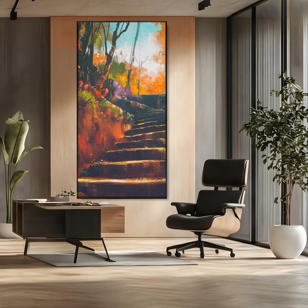 Tablou Canvas Premium LuxCanva® A1271, Brown Stairs, Scari, Toamna, Copaci, Frunze, Dormitor, Culori Vibrante