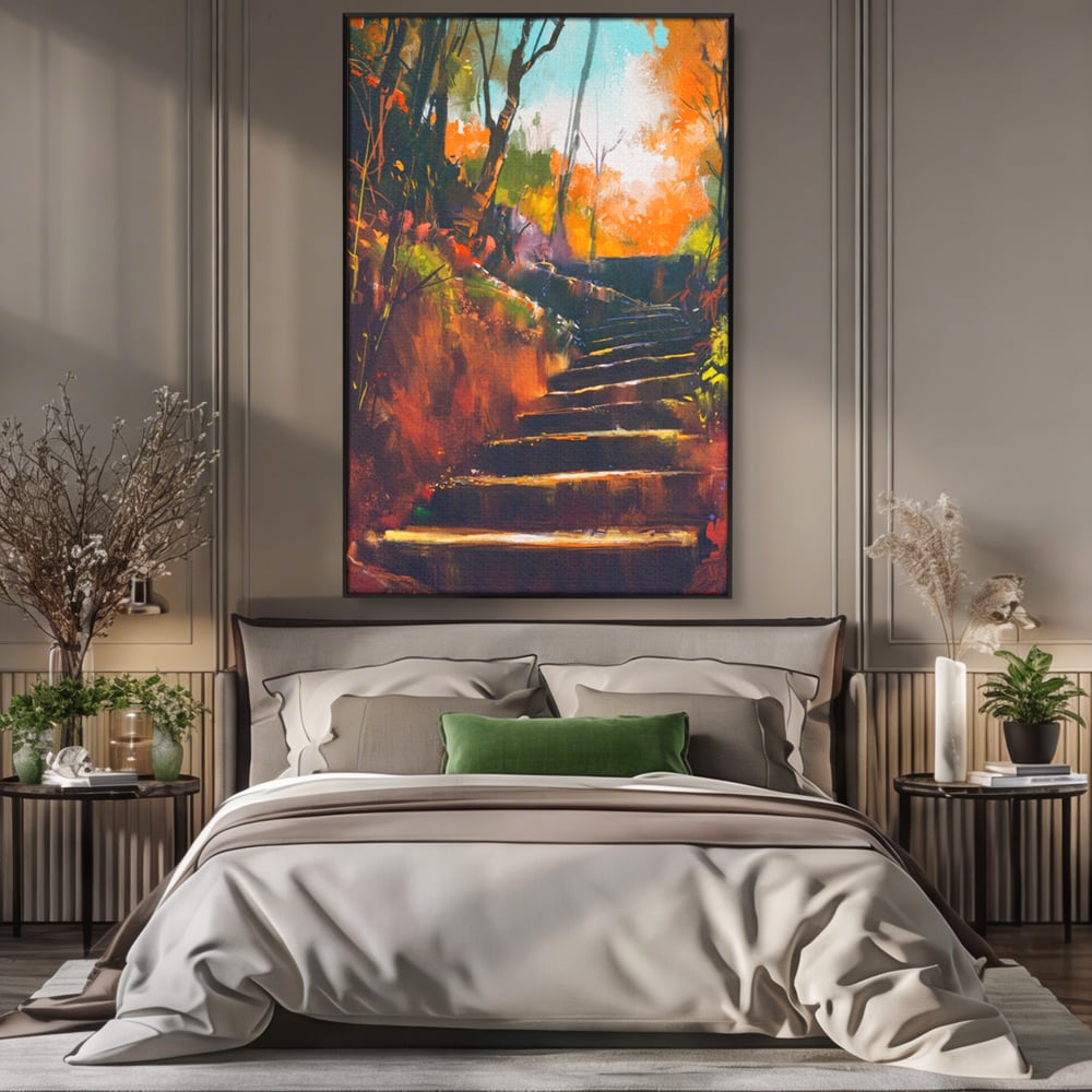 Tablou Canvas Premium LuxCanva® A1271, Brown Stairs, Scari, Toamna, Copaci, Frunze, Dormitor, Culori Vibrante