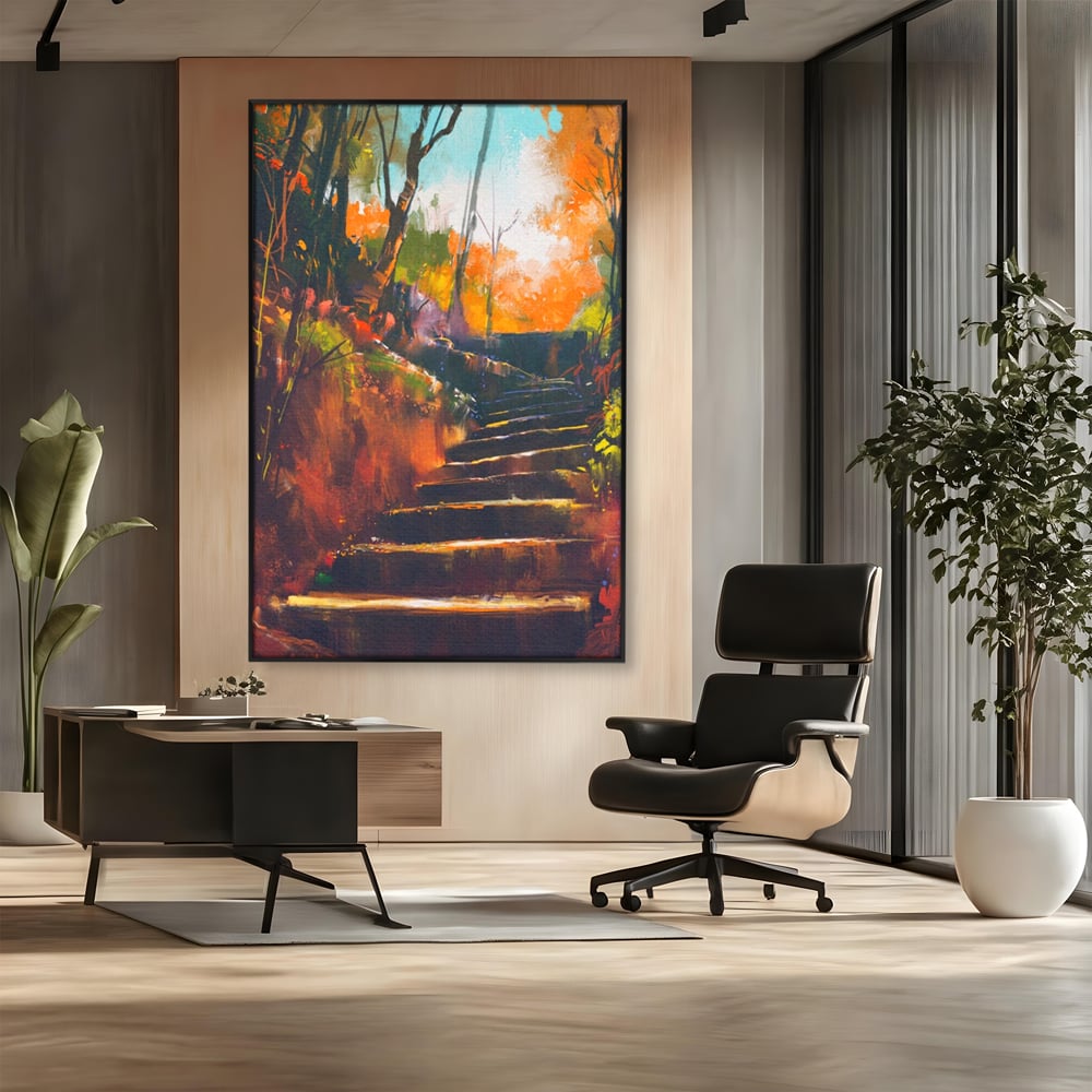 Tablou Canvas Premium LuxCanva® A1271, Brown Stairs, Scari, Toamna, Copaci, Frunze, Dormitor, Culori Vibrante