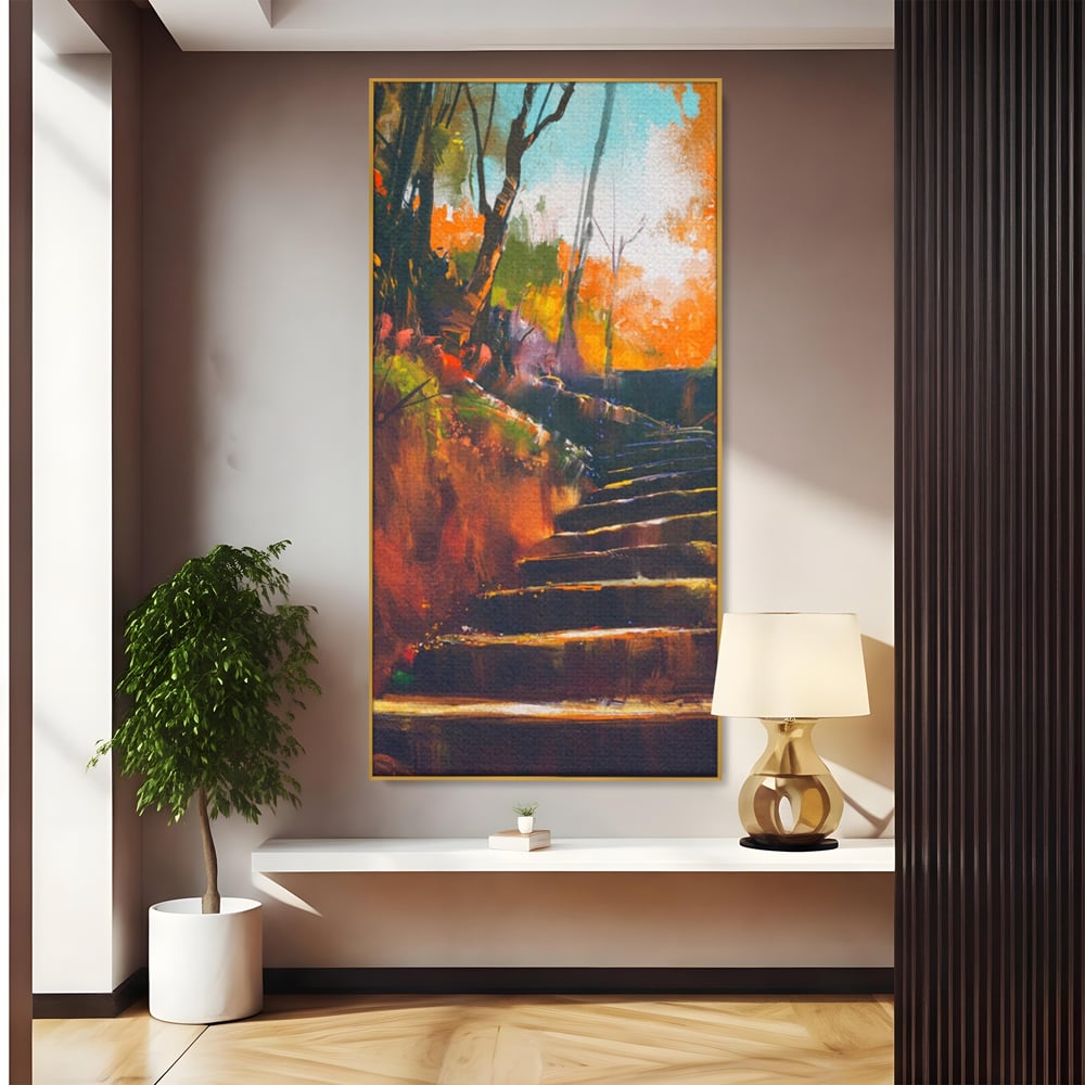 Tablou Canvas Premium LuxCanva® A1271, Brown Stairs, Scari, Toamna, Copaci, Frunze, Dormitor, Culori Vibrante