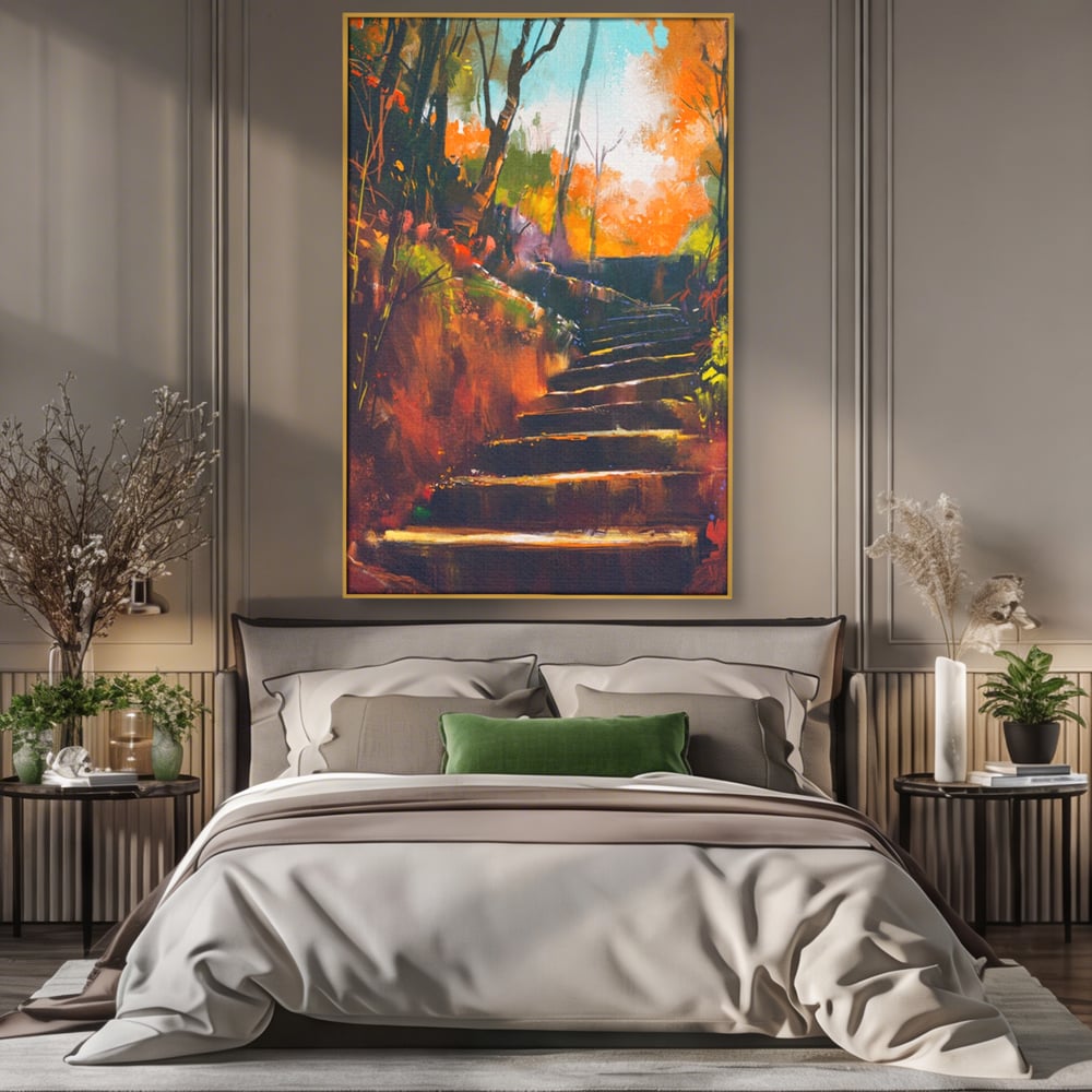 Tablou Canvas Premium LuxCanva® A1271, Brown Stairs, Scari, Toamna, Copaci, Frunze, Dormitor, Culori Vibrante