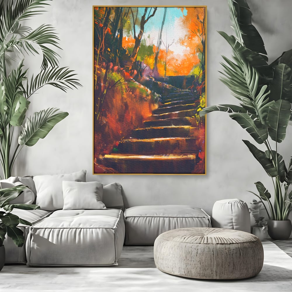 Tablou Canvas Premium LuxCanva® A1271, Brown Stairs, Scari, Toamna, Copaci, Frunze, Dormitor, Culori Vibrante