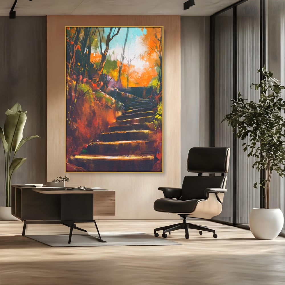 Tablou Canvas Premium LuxCanva® A1271, Brown Stairs, Scari, Toamna, Copaci, Frunze, Dormitor, Culori Vibrante