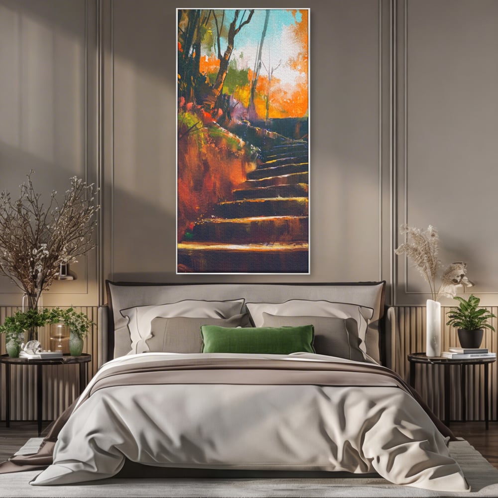 Tablou Canvas Premium LuxCanva® A1271, Brown Stairs, Scari, Toamna, Copaci, Frunze, Dormitor, Culori Vibrante