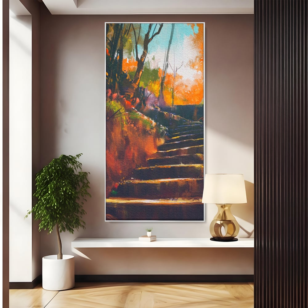 Tablou Canvas Premium LuxCanva® A1271, Brown Stairs, Scari, Toamna, Copaci, Frunze, Dormitor, Culori Vibrante