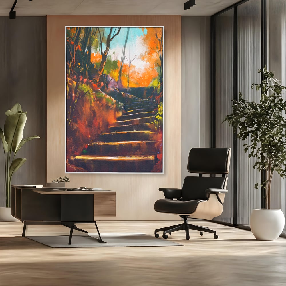 Tablou Canvas Premium LuxCanva® A1271, Brown Stairs, Scari, Toamna, Copaci, Frunze, Dormitor, Culori Vibrante
