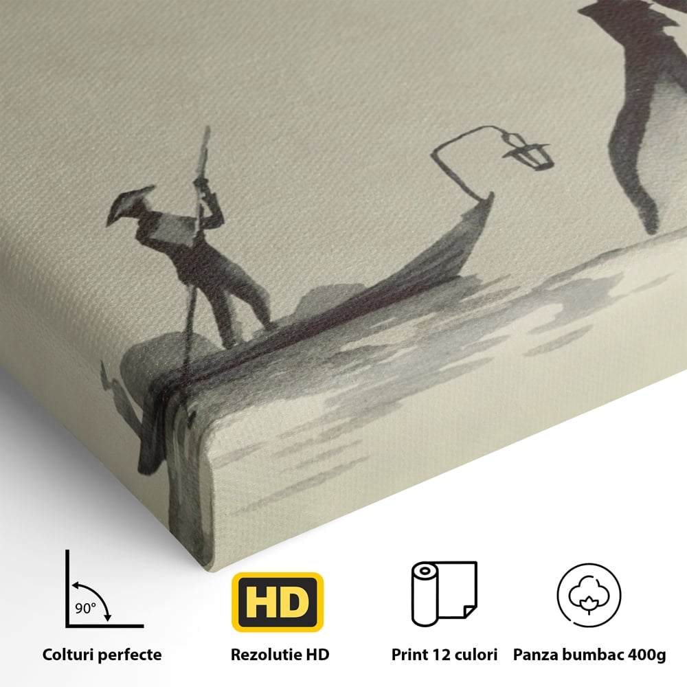 Tablou Canvas Premium LuxCanva® A1272, Japan Traditional Sumi, Living, Sakura, Barca, Apa, Dormitor, Culori Vibrante