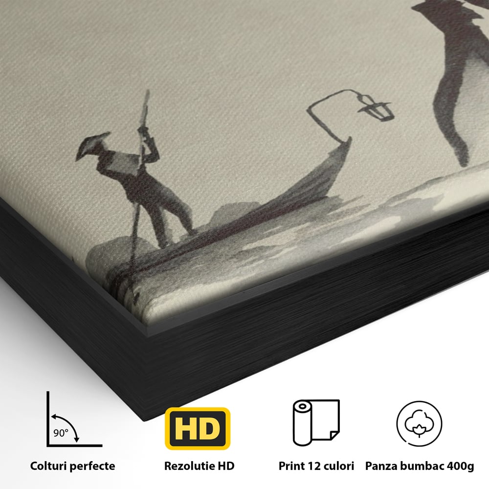 Tablou Canvas Premium LuxCanva® A1272, Japan Traditional Sumi, Living, Sakura, Barca, Apa, Dormitor, Culori Vibrante