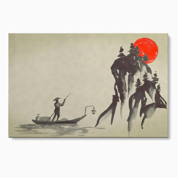 Tablou Canvas Premium LuxCanva® A1272, Japan Traditional Sumi, Living, Sakura, Barca, Apa, Dormitor, Culori Vibrante