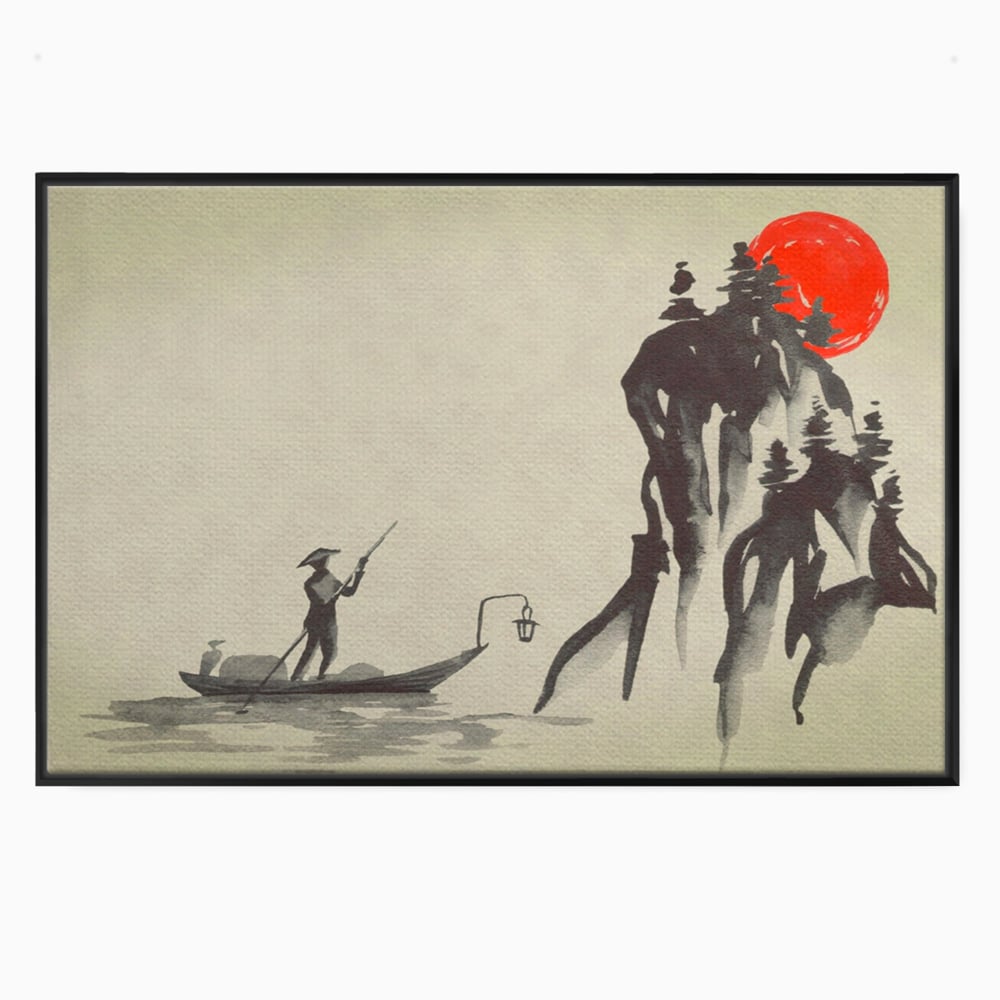 Tablou Canvas Premium LuxCanva® A1272, Japan Traditional Sumi, Living, Sakura, Barca, Apa, Dormitor, Culori Vibrante