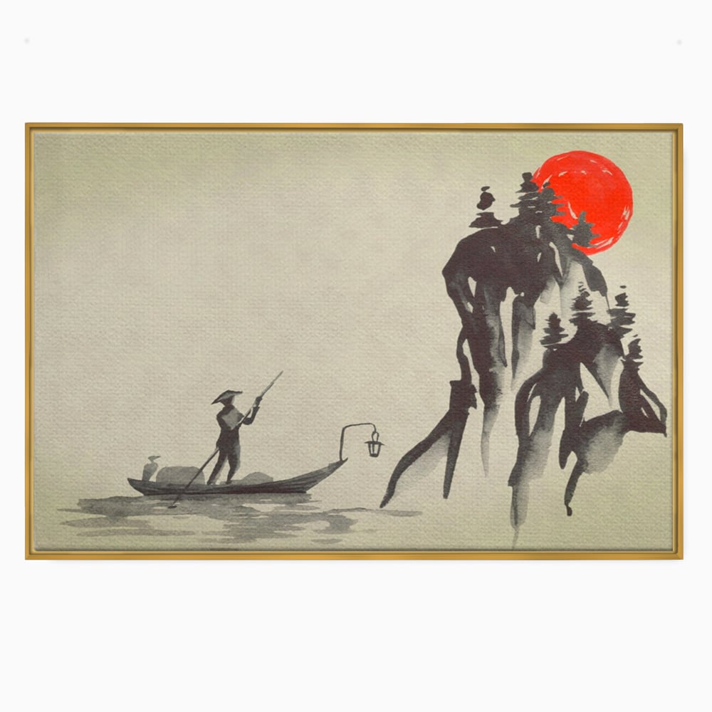 Tablou Canvas Premium LuxCanva® A1272, Japan Traditional Sumi, Living, Sakura, Barca, Apa, Dormitor, Culori Vibrante