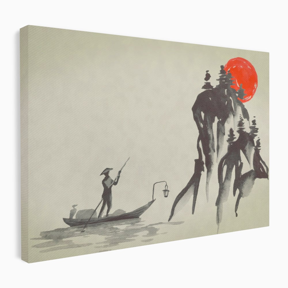 Tablou Canvas Premium LuxCanva® A1272, Japan Traditional Sumi, Living, Sakura, Barca, Apa, Dormitor, Culori Vibrante