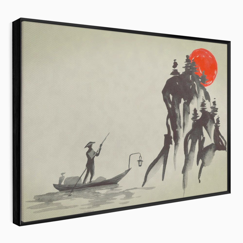 Tablou Canvas Premium LuxCanva® A1272, Japan Traditional Sumi, Living, Sakura, Barca, Apa, Dormitor, Culori Vibrante