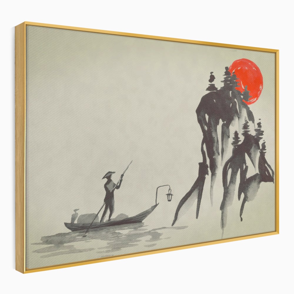 Tablou Canvas Premium LuxCanva® A1272, Japan Traditional Sumi, Living, Sakura, Barca, Apa, Dormitor, Culori Vibrante