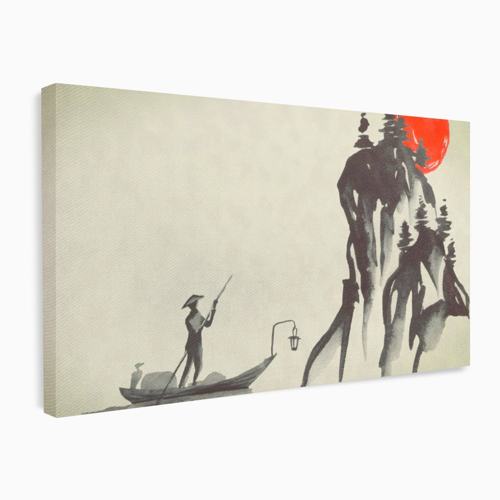 Tablou Canvas Premium LuxCanva® A1272, Japan Traditional Sumi, Living, Sakura, Barca, Apa, Dormitor, Culori Vibrante