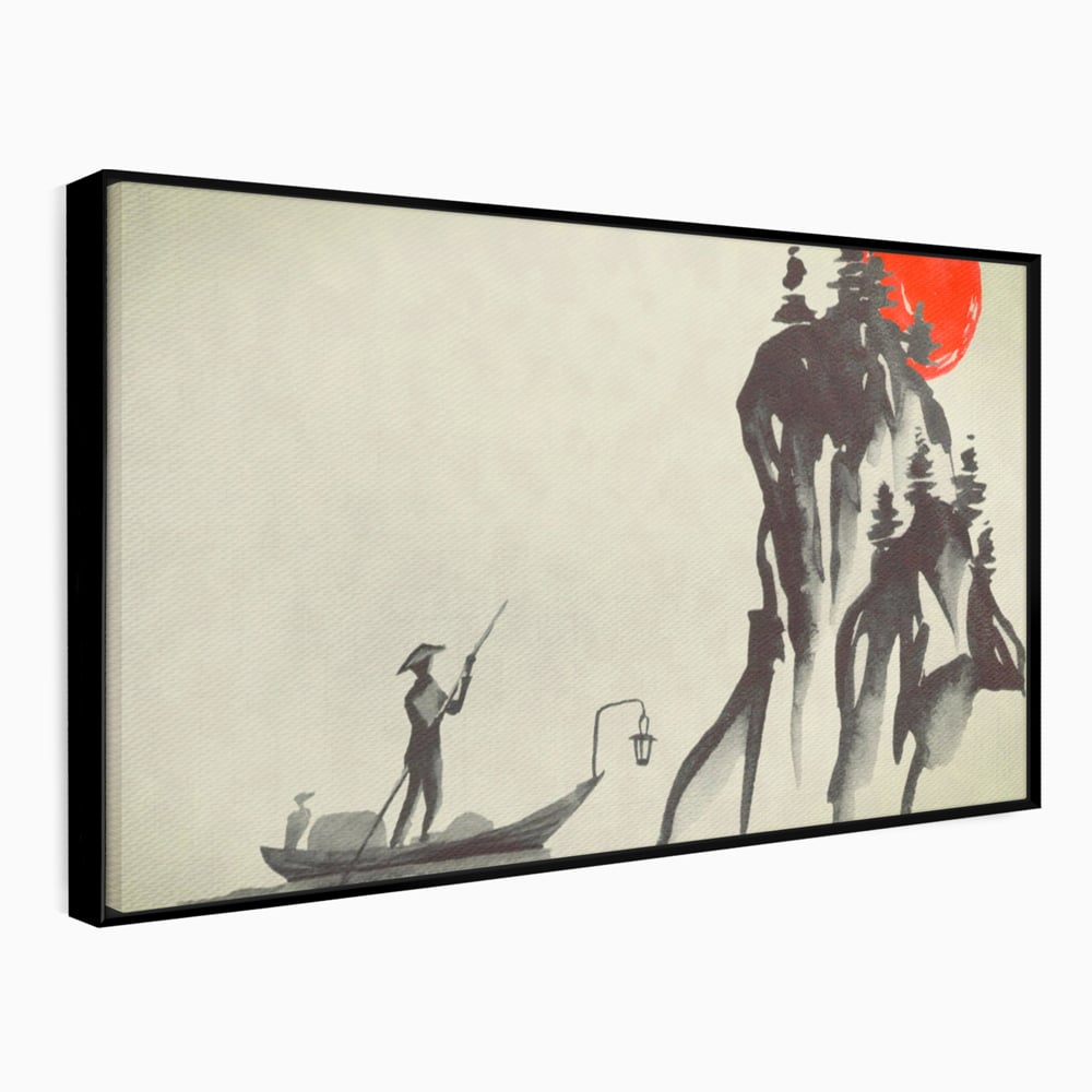 Tablou Canvas Premium LuxCanva® A1272, Japan Traditional Sumi, Living, Sakura, Barca, Apa, Dormitor, Culori Vibrante