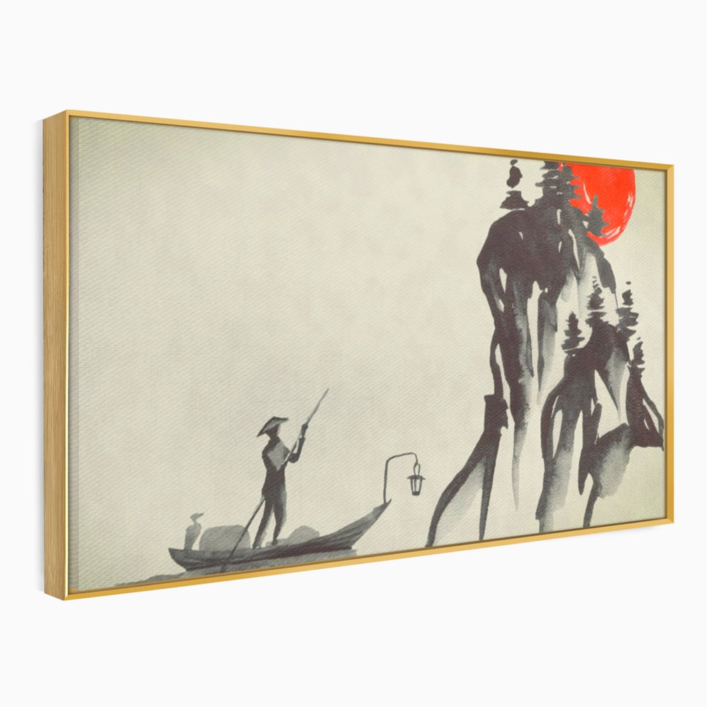 Tablou Canvas Premium LuxCanva® A1272, Japan Traditional Sumi, Living, Sakura, Barca, Apa, Dormitor, Culori Vibrante