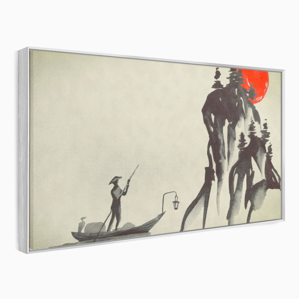 Tablou Canvas Premium LuxCanva® A1272, Japan Traditional Sumi, Living, Sakura, Barca, Apa, Dormitor, Culori Vibrante