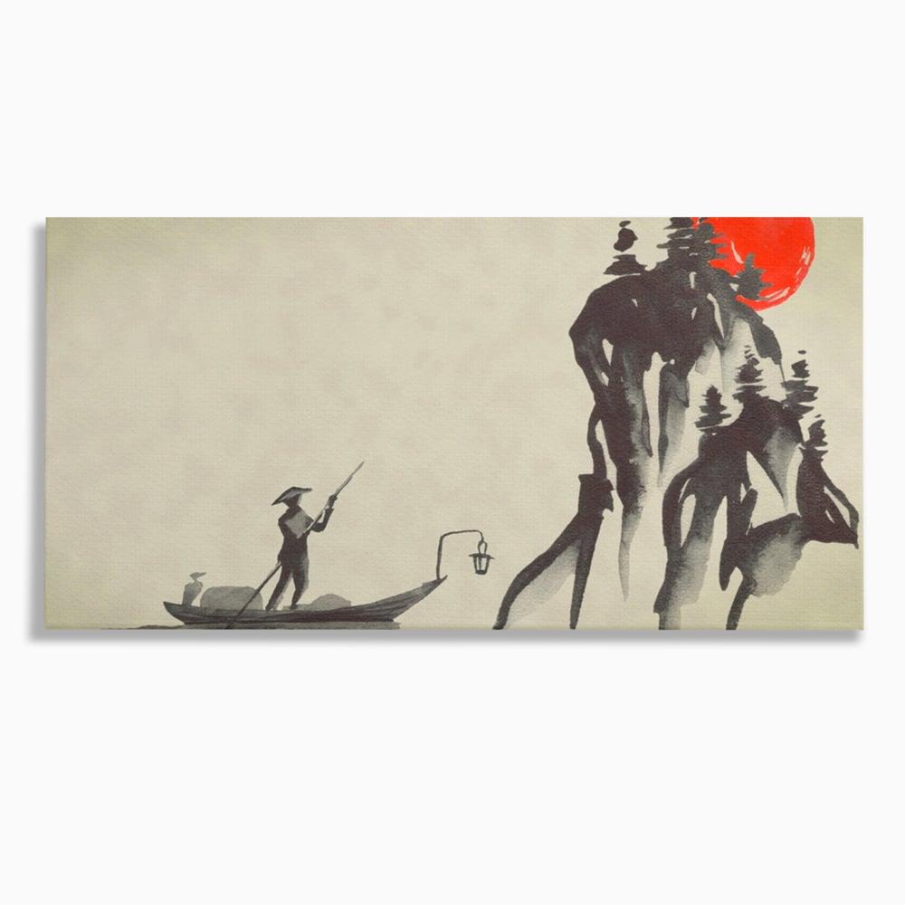 Tablou Canvas Premium LuxCanva® A1272, Japan Traditional Sumi, Living, Sakura, Barca, Apa, Dormitor, Culori Vibrante