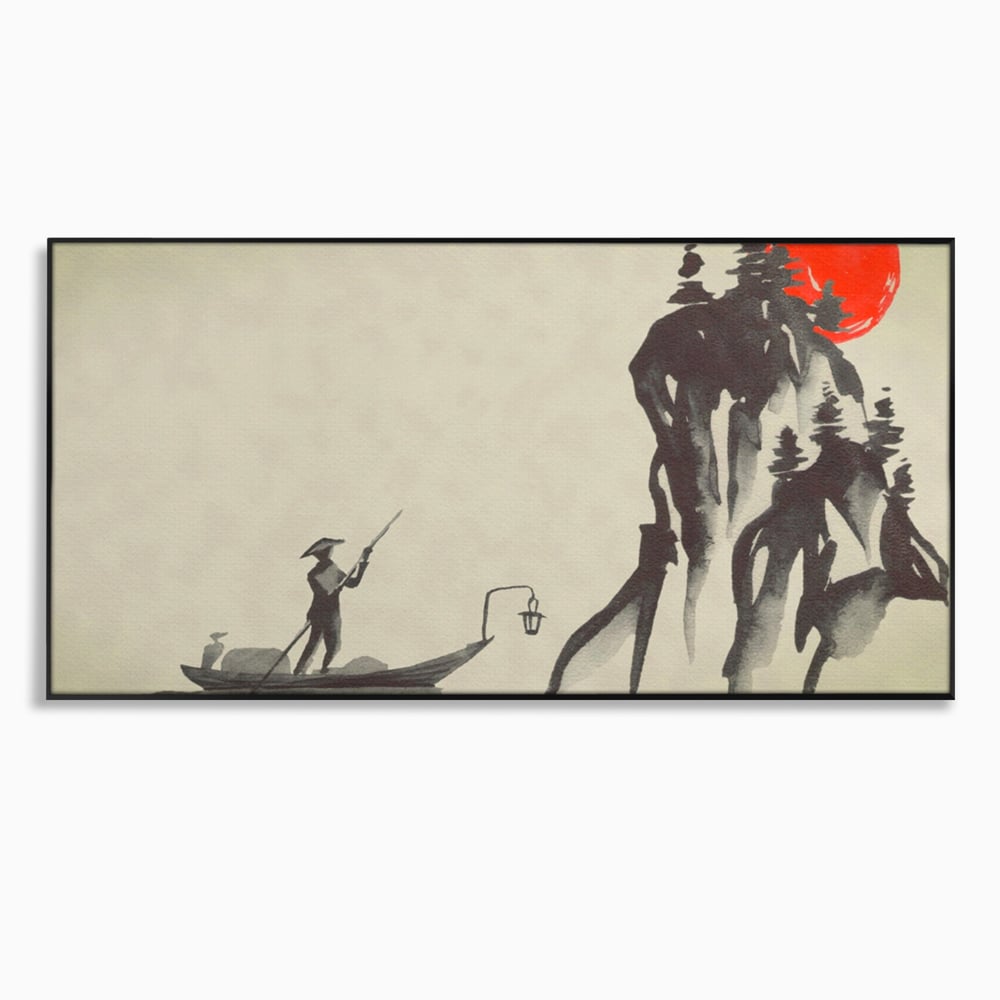 Tablou Canvas Premium LuxCanva® A1272, Japan Traditional Sumi, Living, Sakura, Barca, Apa, Dormitor, Culori Vibrante