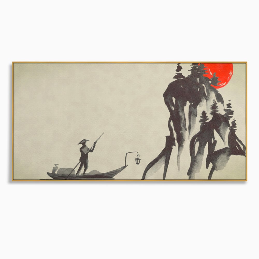 Tablou Canvas Premium LuxCanva® A1272, Japan Traditional Sumi, Living, Sakura, Barca, Apa, Dormitor, Culori Vibrante