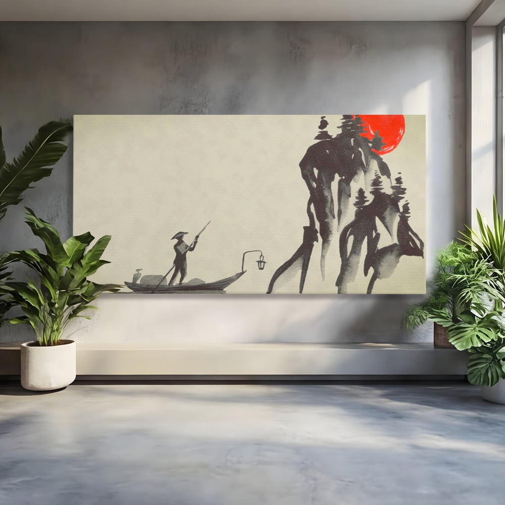 Tablou Canvas Premium LuxCanva® A1272, Japan Traditional Sumi, Living, Sakura, Barca, Apa, Dormitor, Culori Vibrante