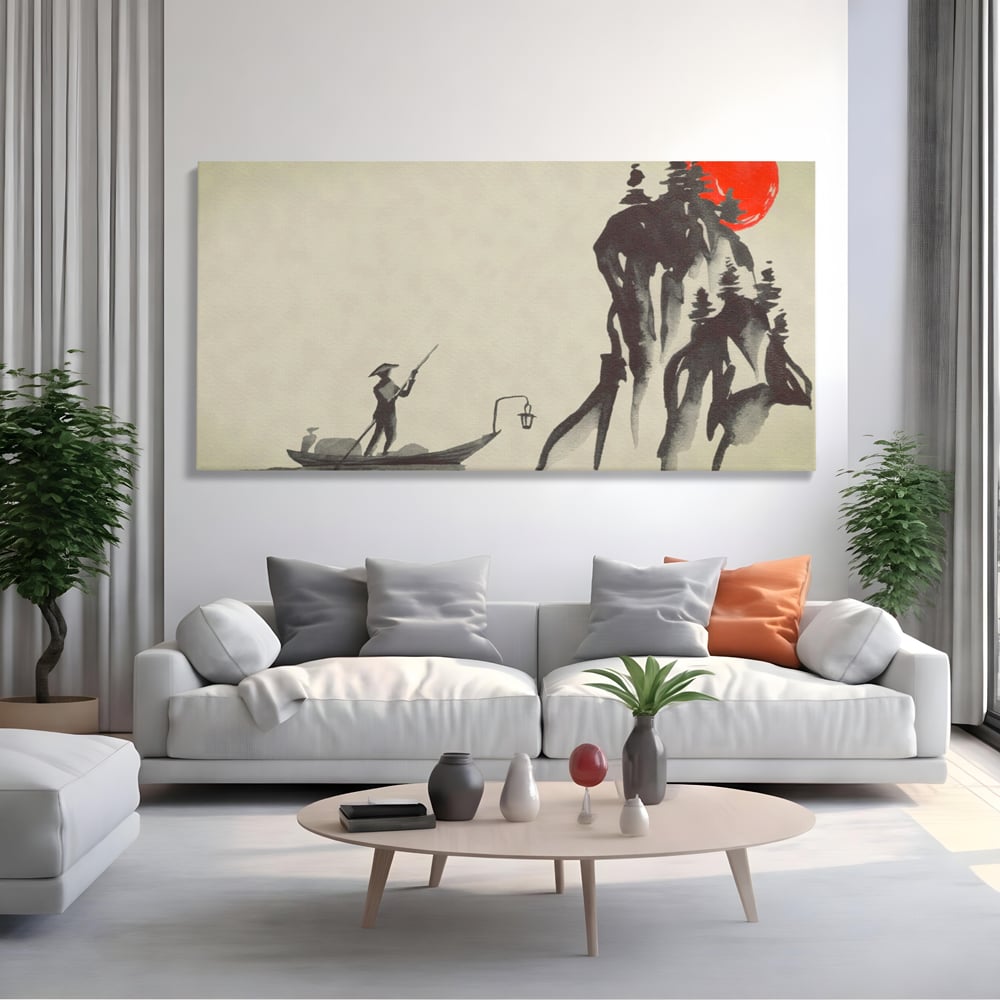 Tablou Canvas Premium LuxCanva® A1272, Japan Traditional Sumi, Living, Sakura, Barca, Apa, Dormitor, Culori Vibrante