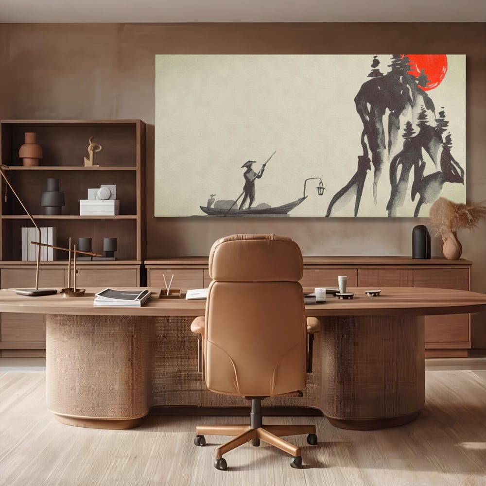 Tablou Canvas Premium LuxCanva® A1272, Japan Traditional Sumi, Living, Sakura, Barca, Apa, Dormitor, Culori Vibrante