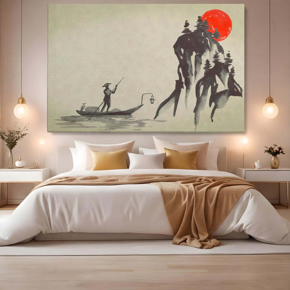 Tablou Canvas Premium LuxCanva® A1272, Japan Traditional Sumi, Living, Sakura, Barca, Apa, Dormitor, Culori Vibrante