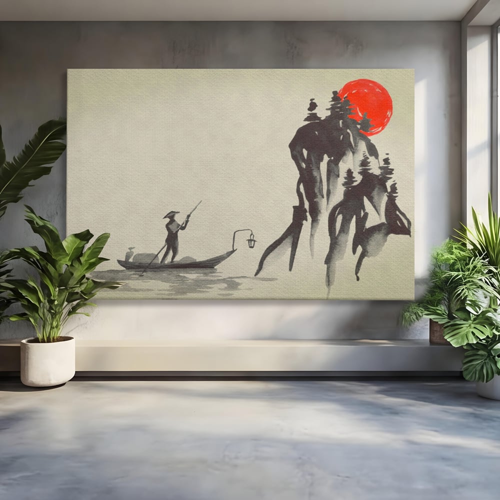 Tablou Canvas Premium LuxCanva® A1272, Japan Traditional Sumi, Living, Sakura, Barca, Apa, Dormitor, Culori Vibrante