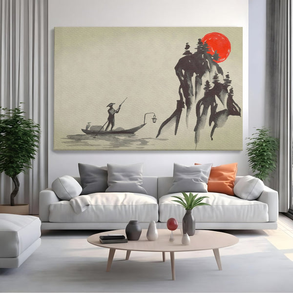 Tablou Canvas Premium LuxCanva® A1272, Japan Traditional Sumi, Living, Sakura, Barca, Apa, Dormitor, Culori Vibrante