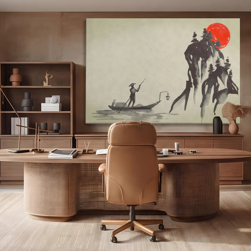 Tablou Canvas Premium LuxCanva® A1272, Japan Traditional Sumi, Living, Sakura, Barca, Apa, Dormitor, Culori Vibrante