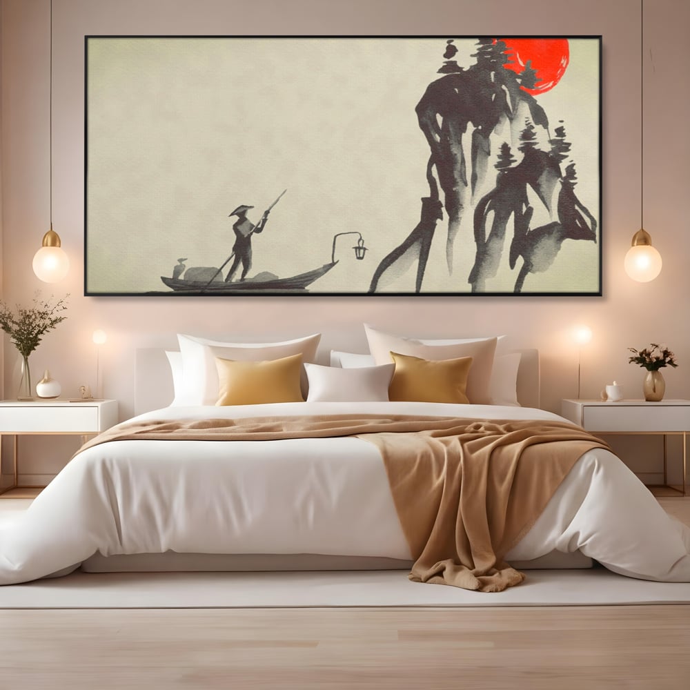 Tablou Canvas Premium LuxCanva® A1272, Japan Traditional Sumi, Living, Sakura, Barca, Apa, Dormitor, Culori Vibrante