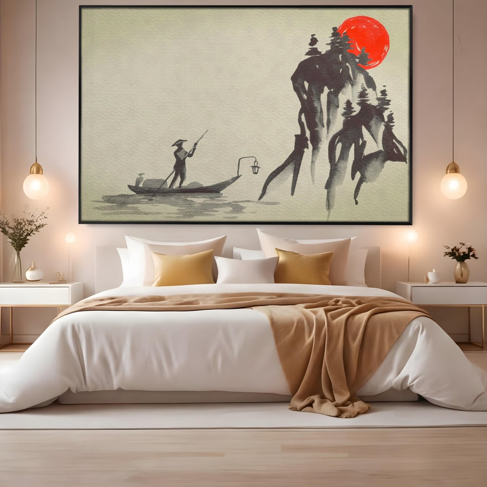 Tablou Canvas Premium LuxCanva® A1272, Japan Traditional Sumi, Living, Sakura, Barca, Apa, Dormitor, Culori Vibrante