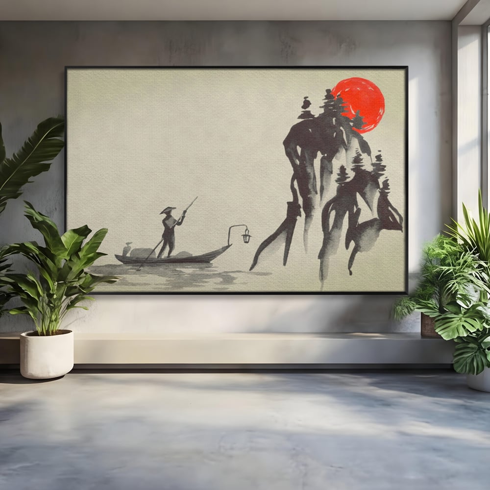 Tablou Canvas Premium LuxCanva® A1272, Japan Traditional Sumi, Living, Sakura, Barca, Apa, Dormitor, Culori Vibrante