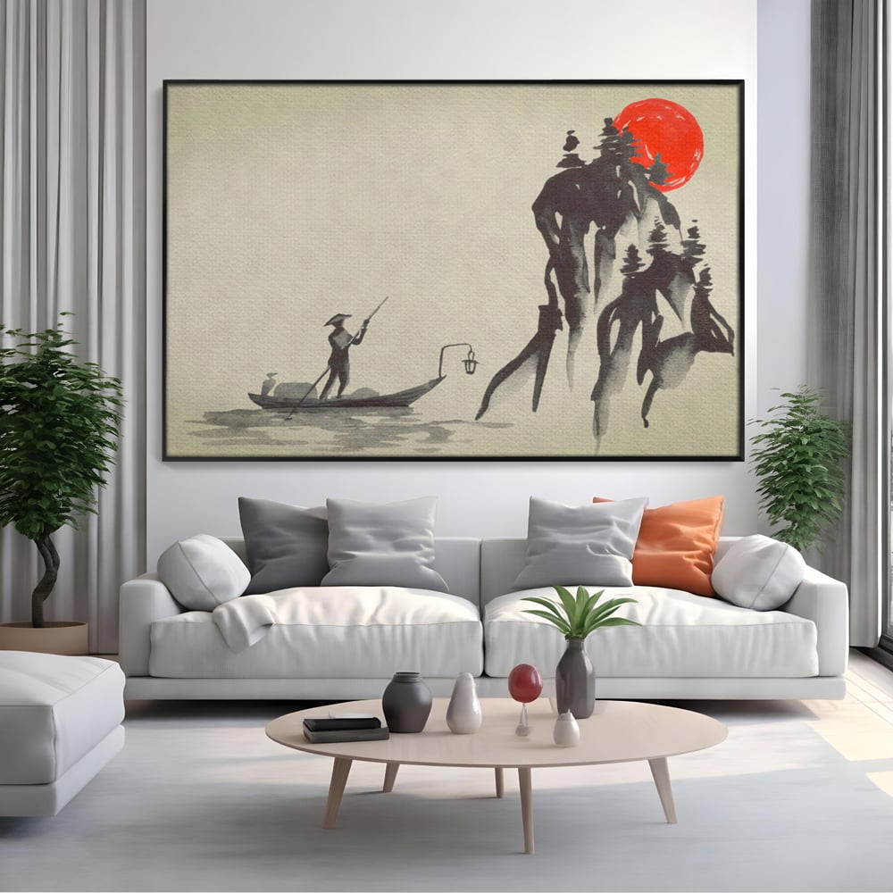 Tablou Canvas Premium LuxCanva® A1272, Japan Traditional Sumi, Living, Sakura, Barca, Apa, Dormitor, Culori Vibrante